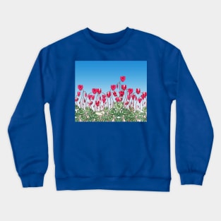 PINK FUCHSIA CYCLAMENS,GREEN LEAVES UNDER BLUE SKY Floral  Edit Crewneck Sweatshirt